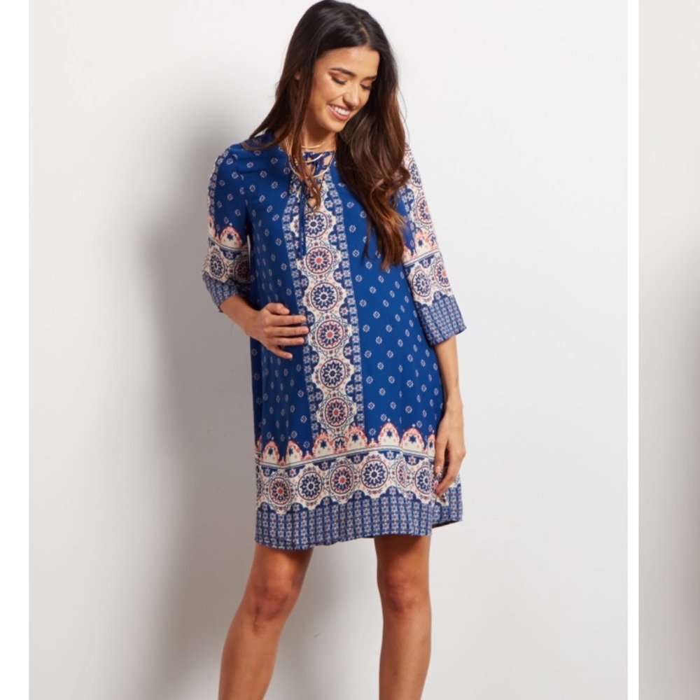 Pinkblush Blue Multi-Colored Printed Lace Up Dress